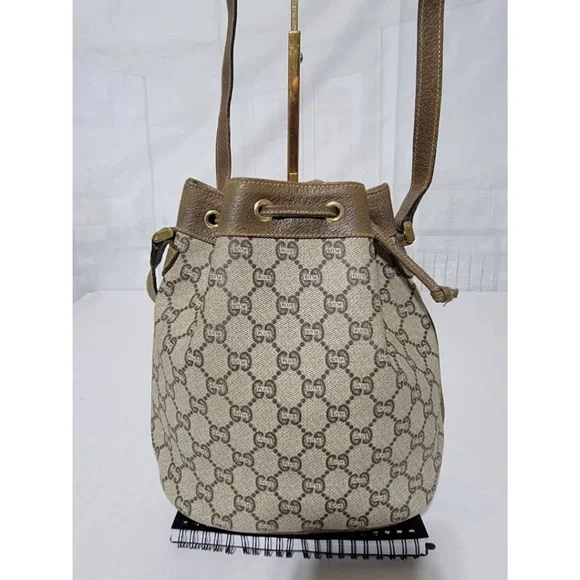 Authentic GUCCI Vintage GG Plus Shoulder Cross Drawstring Bag Beige/Brown - Picture 5 of 16